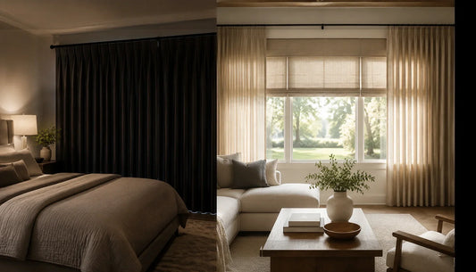 Blackout vs room darkening curtains cover showing a dark bedroom and bright living room with custom curtains
