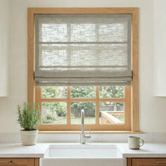 Custom Semi-Blackout Light Gray Linen Roman Shades-DRAPERYUSA