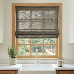 Custom Semi-Blackout Dark Linen Roman Shades-DRAPERYUSA