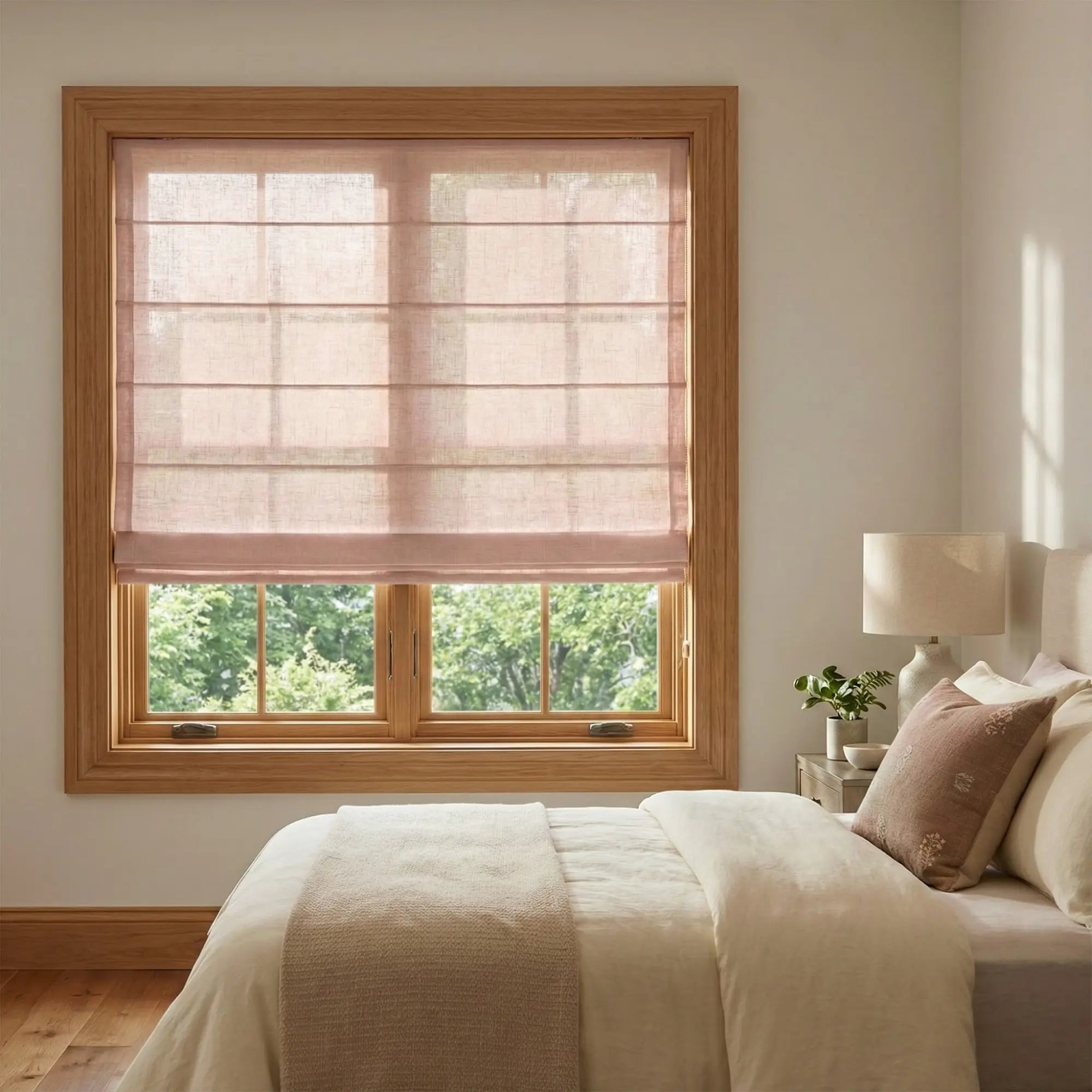 Custom Semi-Blackout Pink Roman Shades-DRAPERYUSA