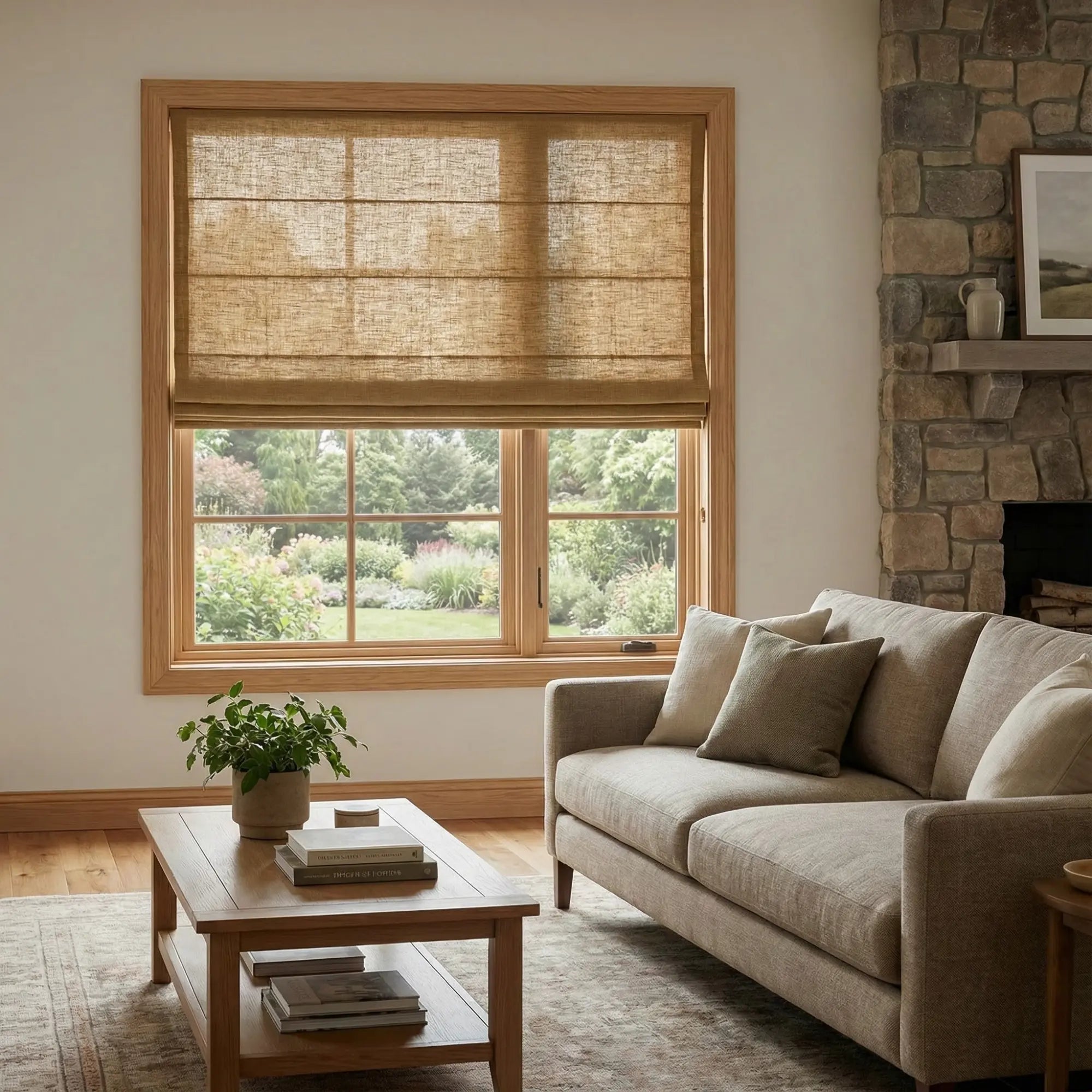 Custom Semi-Blackout Camel Roman Shades-DRAPERYUSA