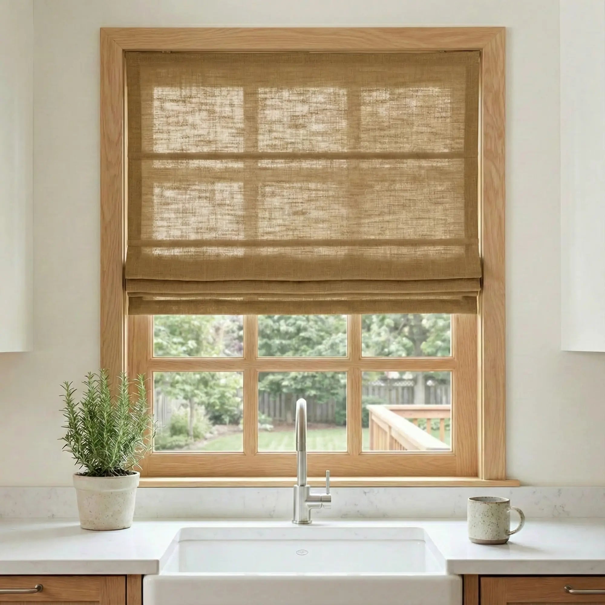 Custom Semi-Blackout Camel Roman Shades-DRAPERYUSA