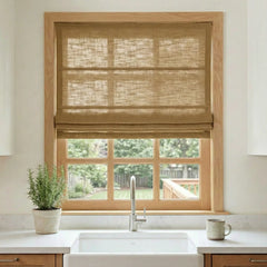 Custom Semi-Blackout Camel Roman Shades-DRAPERYUSA