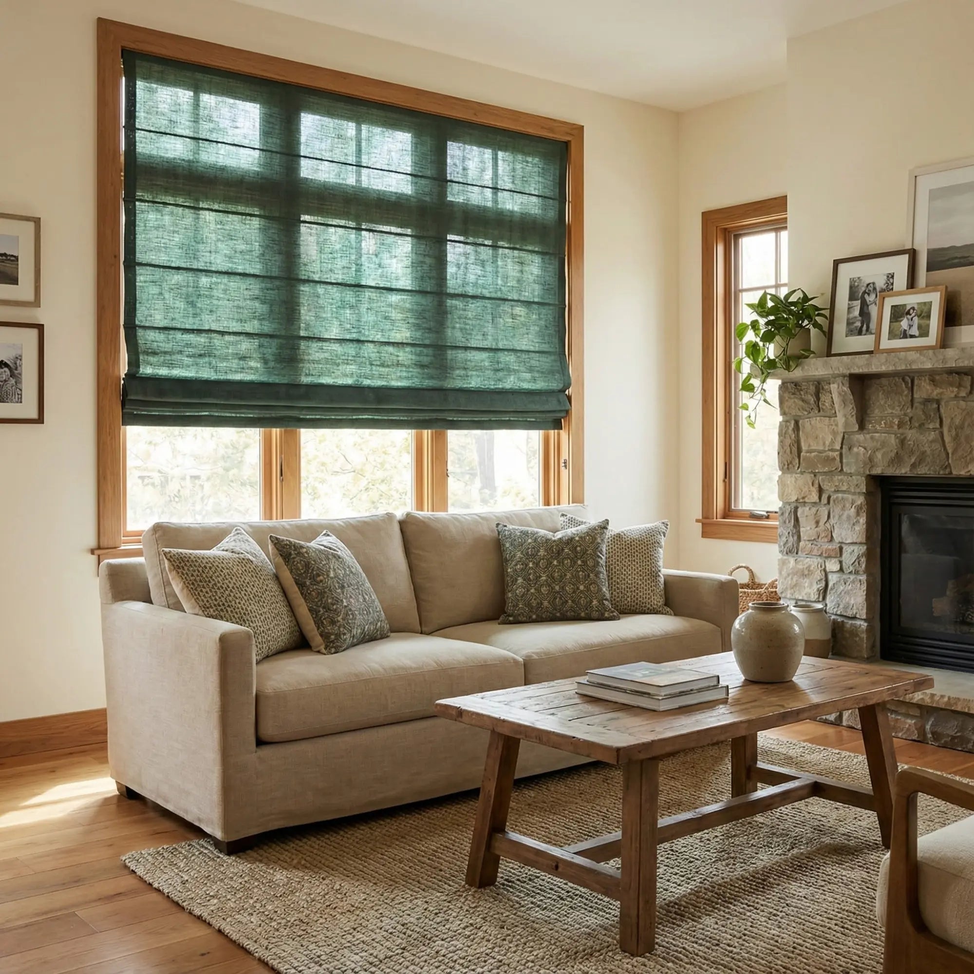 Custom Semi-Blackout Dark Green Roman Shades-DRAPERYUSA