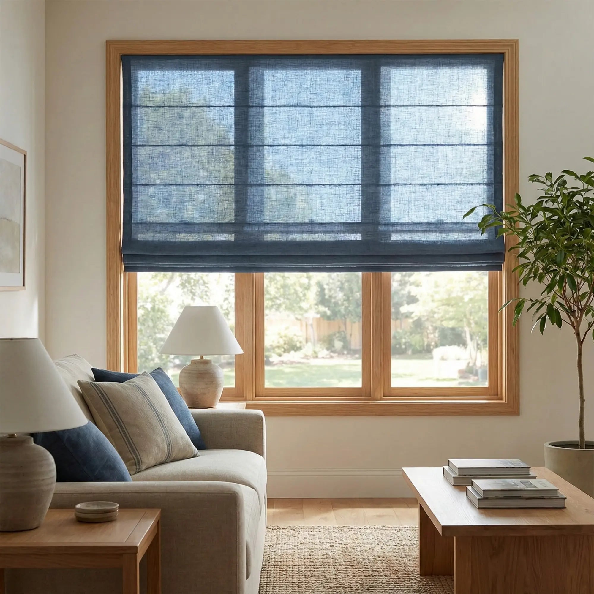 Custom Semi-Blackout Navy Blue Roman Shades-DRAPERYUSA