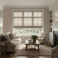 Custom Semi-Blackout Light Taupe Roman Shades-DRAPERYUSA
